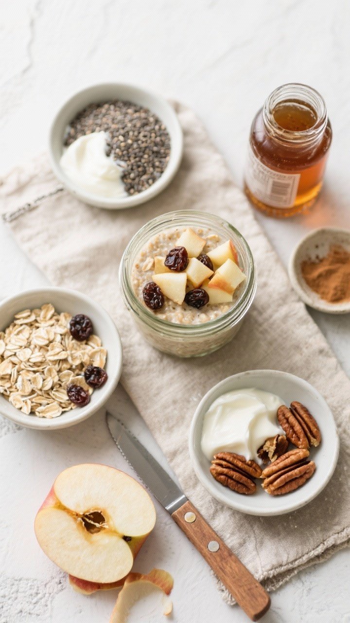 An overhead flat lay of apple pie overnight oats assembly: small bowls with rolled oats, chia seeds, Greek yogurt, finely diced Honeycrisp apple, raisins, and chopped pecans; a jar half-filled with the oat mixture ready to be topped; a maple syrup jar and a tiny dish of cinnamon; neutral linen and a paring knife with apple peels for rustic pie vibes, clean, bright light.