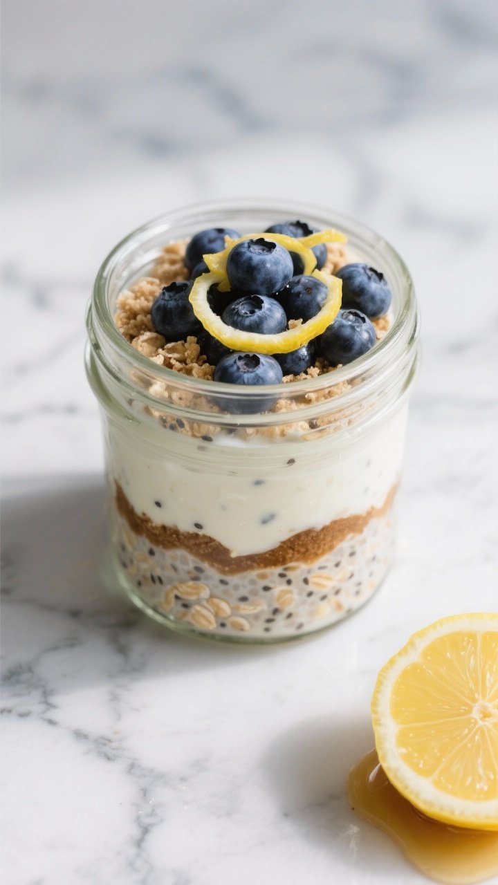 An overhead shot of creamy blueberry lemon cheesecake overnight oats in a clear glass jar to showcase layers: rolled oats soaked in almond milk and Greek yogurt, speckled with chia seeds, swirled with maple syrup, topped with a glossy heap of fresh blueberries, fine lemon zest curls, and a light dusting of crushed graham-style crumbs for cheesecake vibe; cool-toned marble surface, small lemon wedge and a drizzle of maple nearby, soft morning light, shallow depth for appetizing creaminess.