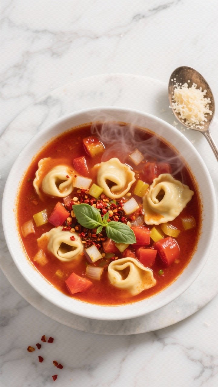 An overhead shot of fire-roasted tomato tortellini soup in a wide white bowl: plump cheese tortellini floating in a deep red broth of fire-roasted diced tomatoes and vegetable broth, with visible diced yellow onion, minced garlic, and a sprinkle of red pepper flakes and basil; olive oil sheen on the surface, steam rising; styled on a marble surface with a side dish of grated Parmesan and a rustic spoon.