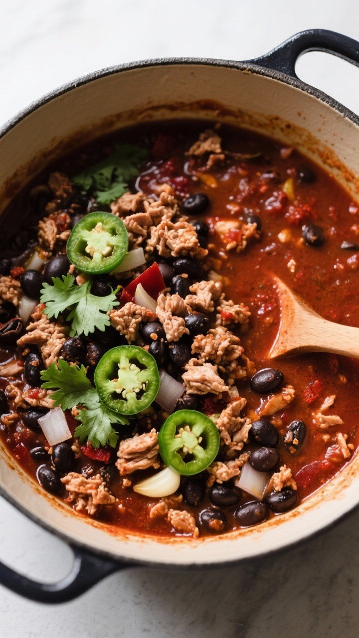 An overhead shot of spicy turkey and black bean chili in a cast-iron Dutch oven: ground turkey crumbles, black beans, diced onion, minced jalapeño, and garlic in a brick-red chili powder, cumin, and smoked paprika sauce; cocoa-darkened depth; garnished with sliced jalapeños and cilantro; ladle resting on the rim.