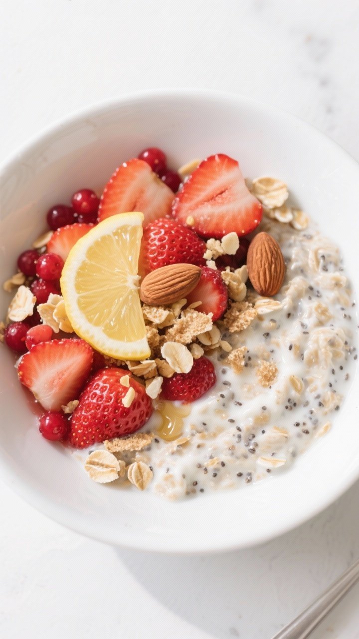 An overhead shot of strawberry shortcake overnight oats in a shallow white bowl: oats with chia and vanilla yogurt, folded with macerated strawberries (half reserved for topping), a squeeze of lemon juice and honey; topped with fresh strawberry pieces, almond crunch (toasted sliced almonds), and a few crushed vanilla wafer crumbs for shortcake feel; bright spring mood, red berries popping against white.