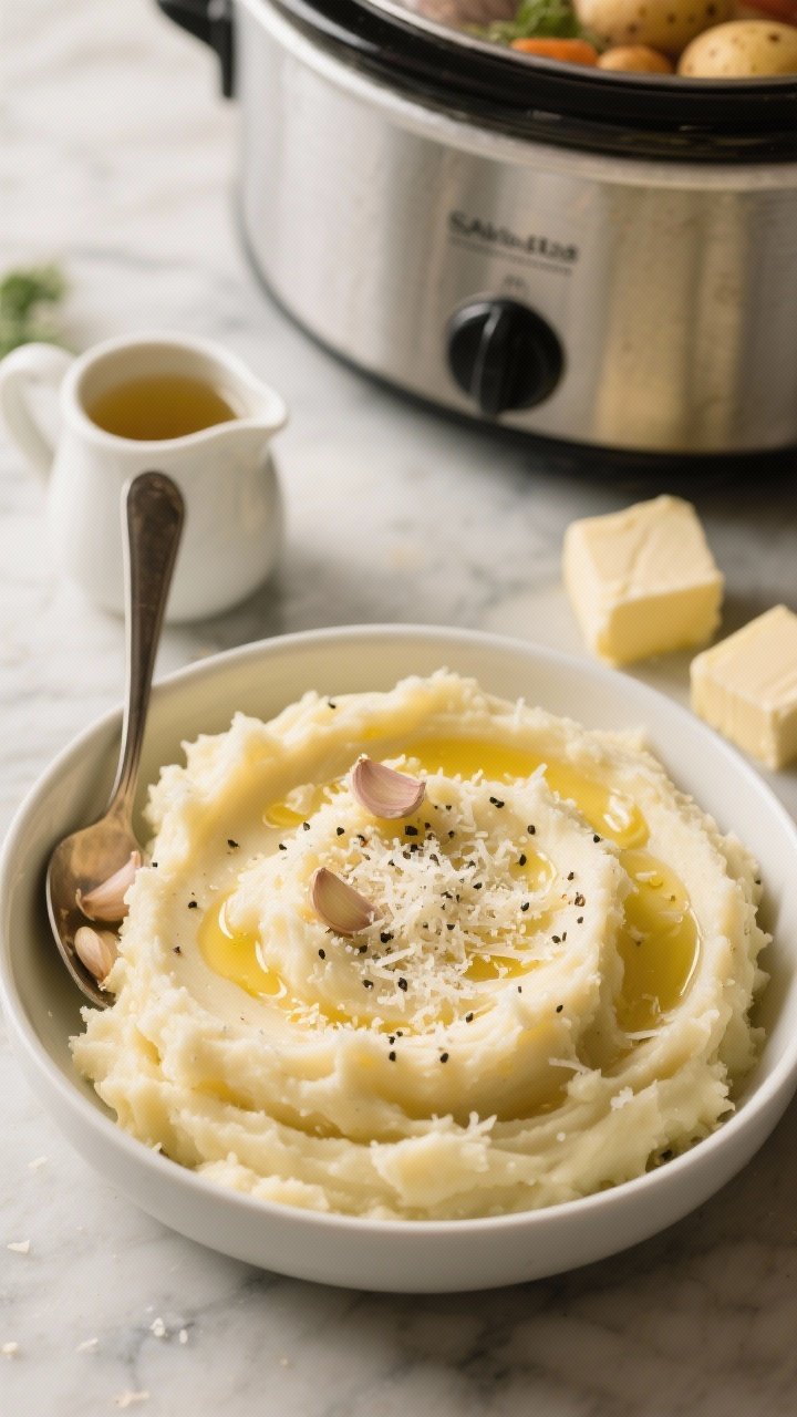 An overhead shot of ultra-creamy garlic Parmesan mashed Yukon Gold potatoes in a matte white serving bowl, glossy pools of melted butter, flecks of minced garlic and cracked black pepper, grated Parmesan snowfall, with the slow cooker in the background and a ladle, chicken/vegetable broth in a small pitcher, and cubed butter on a marble surface; warm, cozy lighting emphasizing the silky texture.