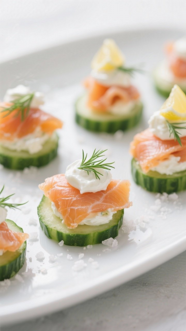 Close-up, clean canapés: smoked salmon cucumber bites on a white platter, thick cucumber rounds topped with a small swoop of Greek yogurt (and a touch of cream cheese), strips of salmon folded artfully, micro dill and a tiny squeeze of lemon; crisp, cool color palette with sea-salt flakes.