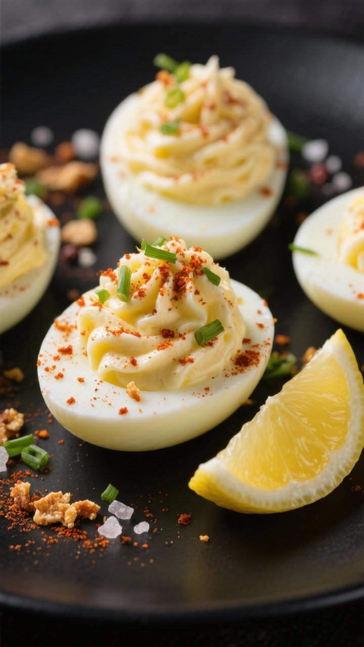 Close-up macro of smoky paprika deviled eggs on a matte black plate: silky yolk filling with mayonnaise and Dijon piped high, dusted generously with smoked paprika, flakes of salt and pepper; crunchy toppings like chives and crispy bits sprinkled over; lemon wedge subtly present to hint at the lemon juice.