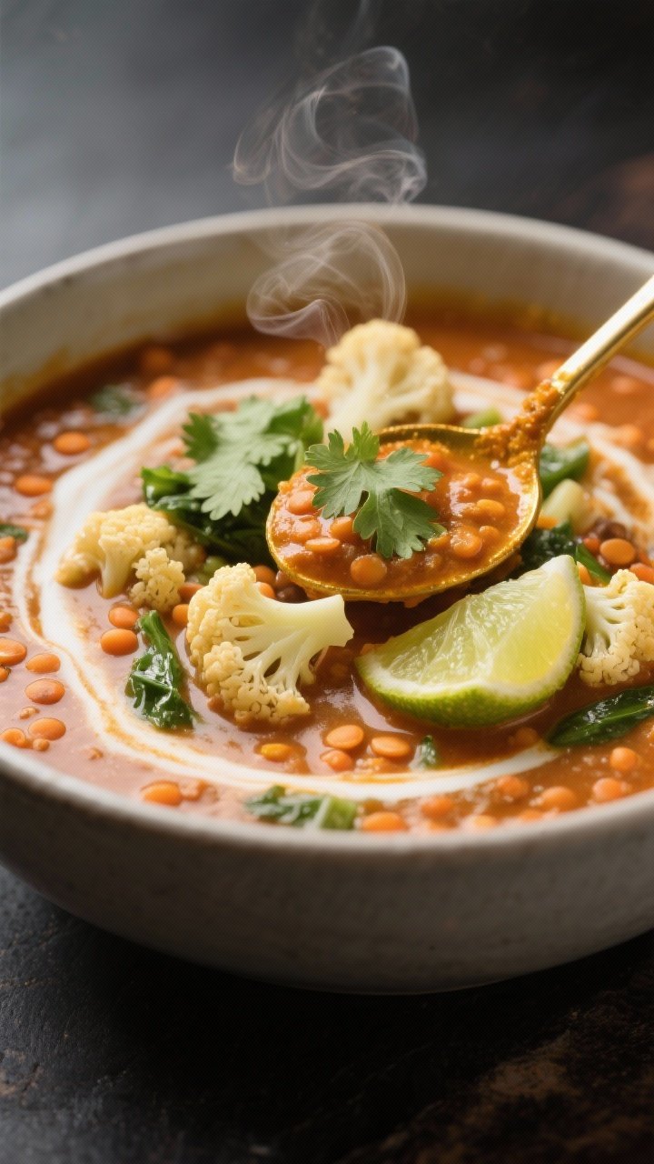 Close-up of coconut curry red lentil stew in a deep bowl, thick and velvety with cauliflower florets and mixed greens peeking through; swirl from a tablespoon of curry paste evident in golden color, coconut milk sheen, served with a lime wedge and cilantro, steam curling for a cozy, aromatic feel.