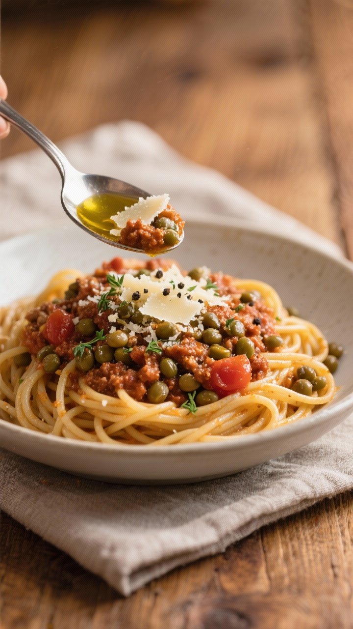 Close-up of hearty lentil bolognese spooned over whole-wheat spaghetti, strands twirled, with visible lentils, tomato richness, and flecks of oregano; glossy finish from a tablespoon of olive oil, sprinkled with grated Parmesan and cracked pepper, set on a warm wooden table with a folded linen.