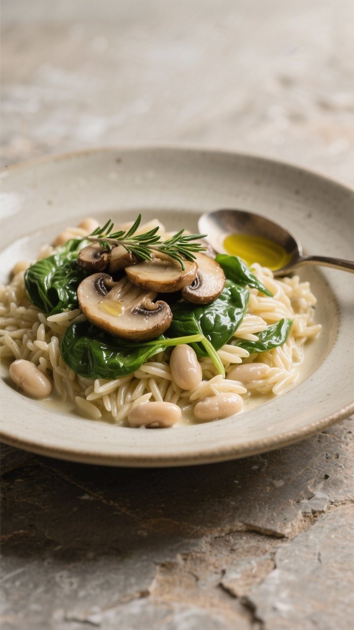 Creamy white bean and mushroom orzo in a shallow bowl, 45-degree angle, with baby spinach wilted through, thyme leaves, and a silky sheen from a tablespoon of olive oil; sautéed mushroom slices layered on top, microsteam visible, neutral ceramic plate on a stone surface for a cozy, comforting mood.