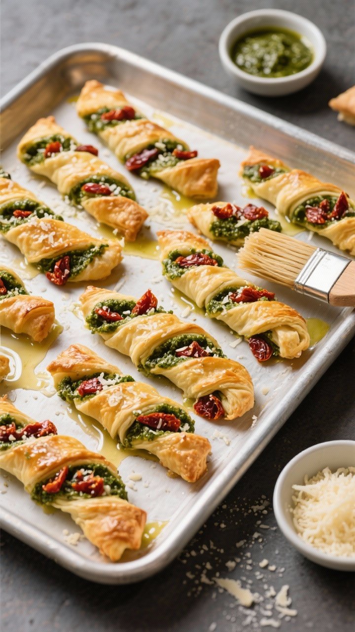 Overhead baking tray of sun-dried tomato and pesto puff pastry twists: laminated layers puffed and golden, twisted with basil pesto and finely chopped sun-dried tomatoes, grated Parmesan speckled throughout; egg wash sheen, a pastry brush and small bowls of pesto and Parmesan nearby to show process.
