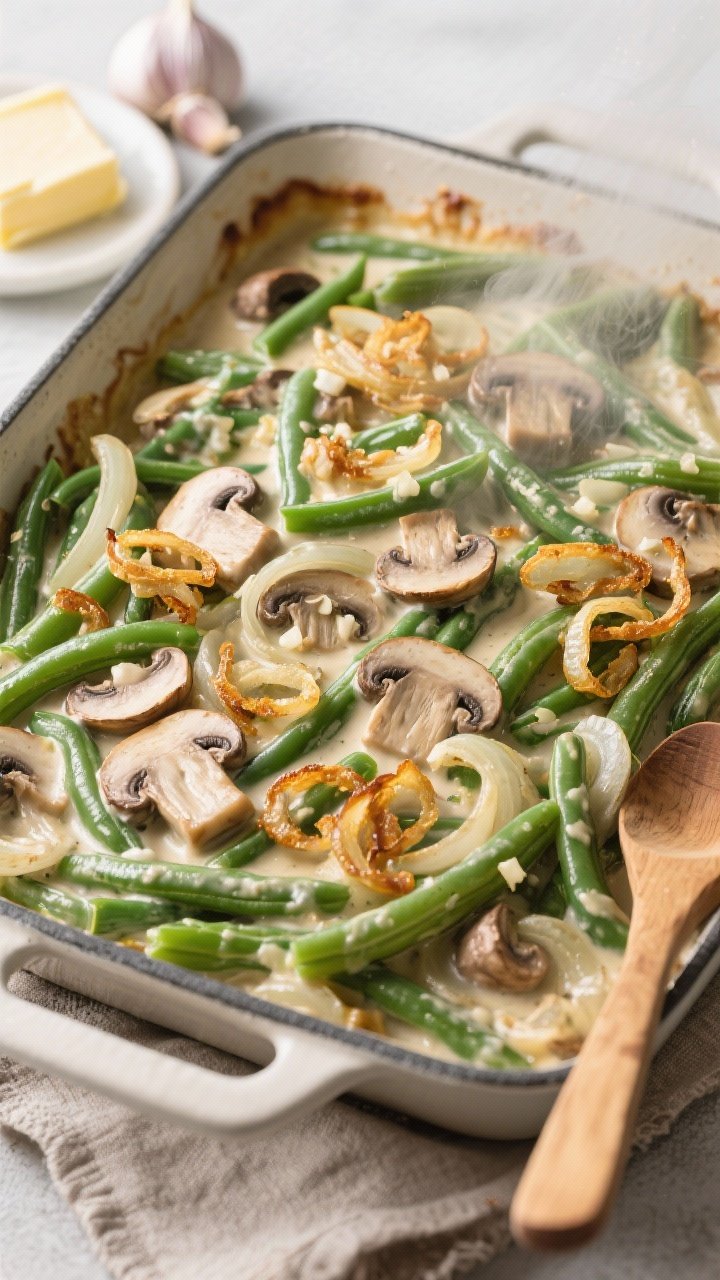 Overhead casserole pan shot of a fresh green bean casserole made with blanched bright-green beans, sautéed cremini mushrooms and onions in a homemade creamy sauce thickened with flour, topped with golden crisped onions; visible minced garlic and butter pats on the side, steam gently rising; neutral linen and wooden spoon styling.