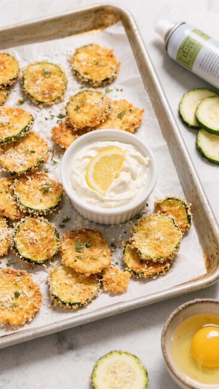 Overhead flat lay of crispy Parmesan zucchini chips on a parchment-lined sheet pan: golden panko-Parmesan crust with Italian seasoning and kosher salt; a ramekin of creamy garlic-lemon dip at center, olive oil spray canister off to the side, some raw 1/4-inch zucchini rounds and beaten egg in a bowl to show process contrast.