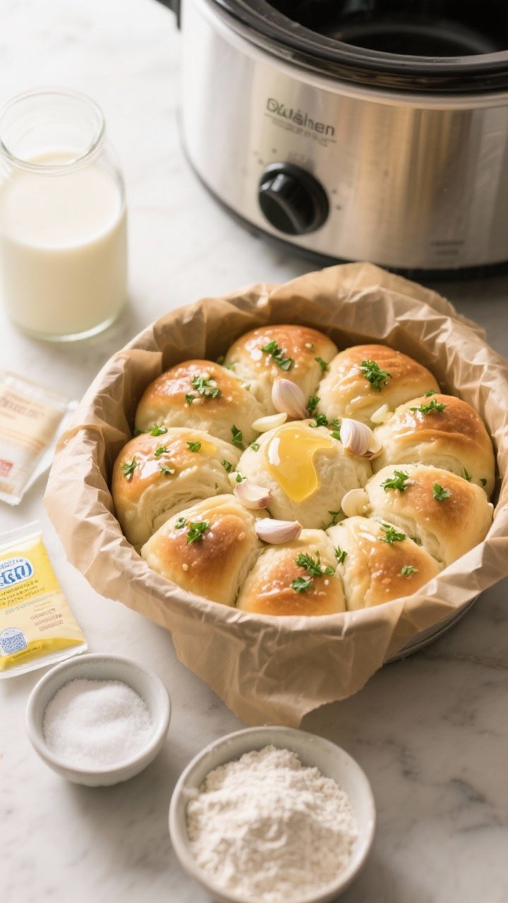 Overhead ingredient-and-process shot for garlic-herb pull-apart dinner rolls: risen dough balls brushed with melted butter, scattered minced garlic and chopped parsley, arranged snugly in a parchment-lined slow cooker; nearby warm milk, a packet of yeast, sugar, flour, and salt in small bowls; soft morning light.