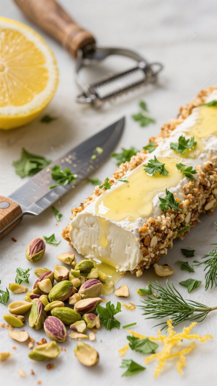 Overhead ingredient-prep shot of a goat cheese log being rolled in a crunchy coating: olive oil brushed over the log, scattered chopped fresh parsley, dill, lemon zest, and chopped toasted pistachios or almonds forming a colorful herb-nut crust; knife and citrus zester nearby for context.