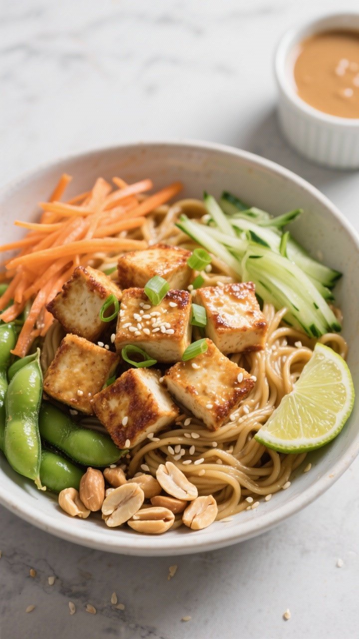 Overhead noodle bowl: crispy tofu cubes (14 ounces worth) with caramelized edges atop peanut-sauce noodles, bright edamame, shredded carrots, cucumber ribbons, and scallions; chopped peanuts and sesame seeds sprinkled, lime wedge and extra peanut sauce in a ramekin, modern Asian-inspired styling.