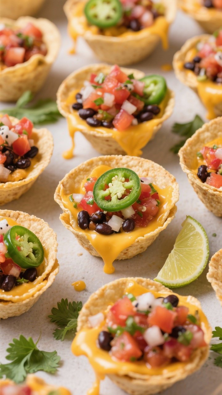 Overhead party spread of crispy tortilla chip nacho cups: sturdy round chips cupping melted Mexican blend cheese, black beans, pico de gallo or salsa (well-drained), and sliced jalapeños; a lime wedge and cilantro sprigs scattered; cheese stretch and glossy salsa for a loaded look.