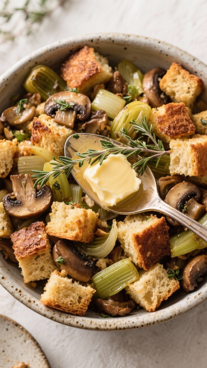 Overhead rustic bowl of savory mushroom and leek stuffing: golden cubes of dried rustic bread soaked and baked with butter-sautéed leeks, mushrooms, and celery; browned, crispy top with soft interior visible in a serving spoon scoop; fresh herb flecks (thyme/sage), and a pat of butter melting on top.