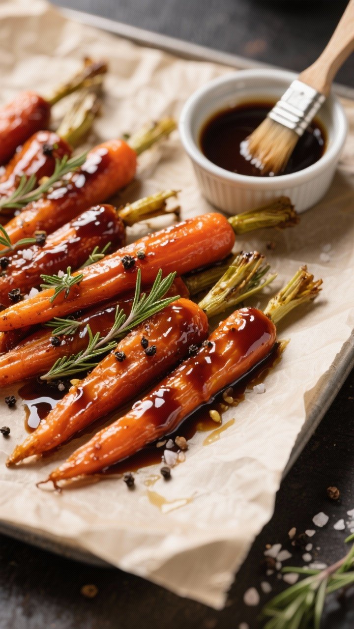 Overhead shot of balsamic-glazed baby carrots on a parchment-lined sheet: lacquered mahogany glaze from balsamic and honey, butter sheen, sprinkled thyme leaves, black pepper, and kosher salt crystals; a small ramekin of extra glaze with a brush, warm directional light to highlight the sticky shine.