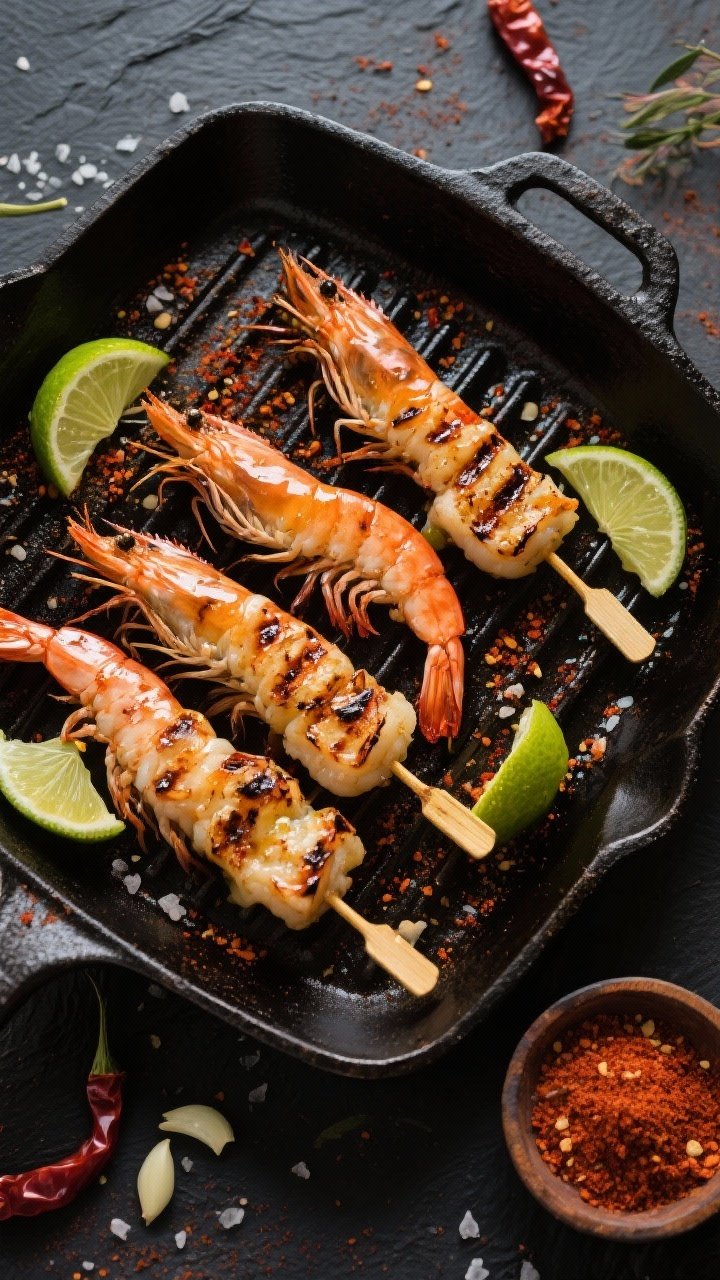 Overhead shot of blistered chili-lime shrimp skewers on a cast-iron grill pan: large shrimp with tails on, brushed with olive oil and dusted with chili powder, smoked paprika, garlic powder, and kosher salt, glistening with a squeeze of fresh lime; charred edges, scattered lime wedges and a small bowl of chili-lime seasoning, styled on a dark slate surface for a bold, spicy mood.