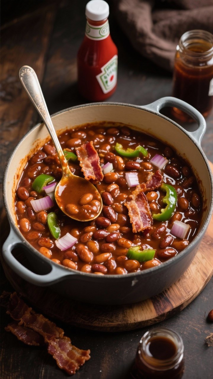 Overhead shot of smoky BBQ baked beans in a Dutch oven: glossy, thick sauce enriched with molasses and a hint of coffee, dotted with diced onion and green bell pepper; optional bacon pieces rendered and scattered on top; a ladle showcasing the saucy sheen, ketchup bottle and small molasses jar nearby; deep, warm tones.