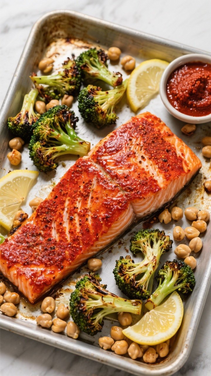 Sheet-pan scene, overhead flat lay: harissa-rubbed salmon fillets with a lacquered red sheen, roasted broccoli florets with charred tips, and crispy chickpeas scattered around; lemon slices roasted alongside, a small bowl of harissa paste nearby, emphasizing the 1-pound salmon centerpiece and bold North African tones.