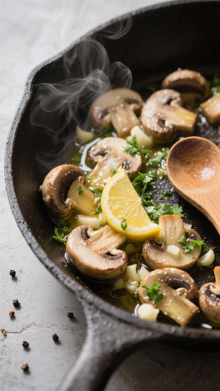 Steamy skillet action shot at 45 degrees of garlic butter mushrooms: halved cremini mushrooms glazed in butter and olive oil, minced garlic visible, finishing splash of lemon juice; sprinkled with chopped herbs (parsley) for a fresh herby finish; black pepper specks and a wooden spoon in-frame.