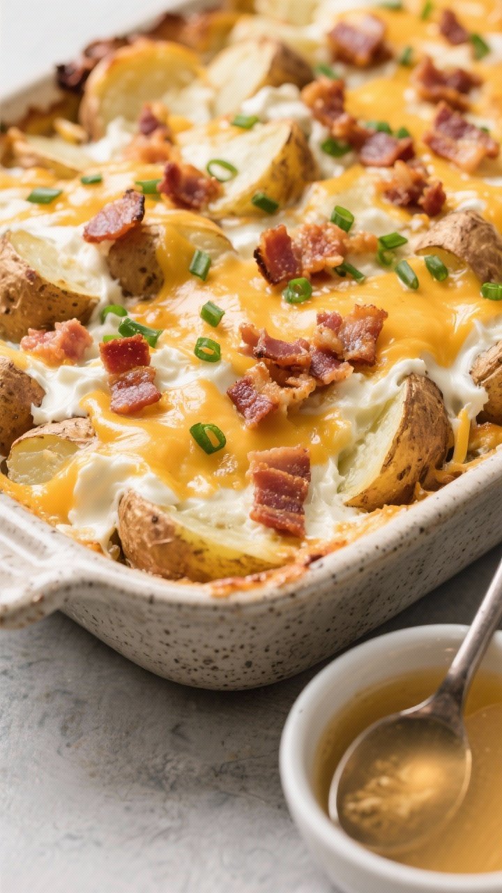 Straight-on casserole shot of loaded baked potato casserole: chunky russet potatoes folded with sour cream, milk, butter, and melted cheddar, topped with crumbled bacon and a generous shower of chopped chives; cheese bubbling at the edges, a ladle of chicken broth off to the side; served in a stoneware dish.