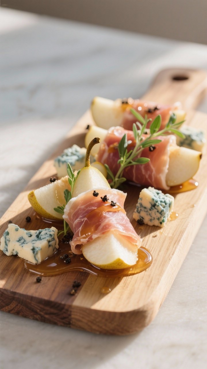 Straight-on elegant appetizer board: prosciutto-wrapped pear wedges tucked around small pieces of blue cheese, glossy honey drizzled over, cracked black pepper on top; fresh herbs for garnish, minimalist styling that highlights the sweet-salty contrast, warm wood board with soft afternoon light.