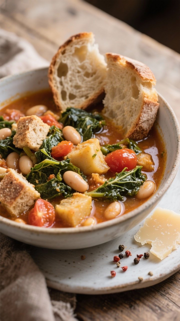 Straight-on, rustic Tuscan ribollita in a deep bowl, thick with cannellini beans, kale, tomatoes, and chunks of whole-grain bread soaked into the stew; glossy finish from 2 tablespoons fruity olive oil, extra bread slice leaning on the rim, pepper flakes and parmesan rind off to the side, farmhouse table setting.