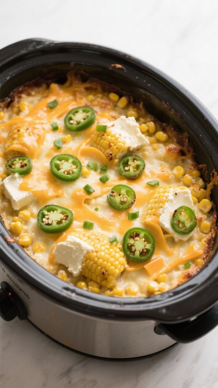 Straight-on shot of a bubbling cheesy jalapeño corn casserole in a slow cooker insert: kernels suspended in cream-style corn, ribbons of melted sharp cheddar and pepper jack, cream cheese pockets, thin jalapeño slices (some seeded, some with seeds), lightly blistered top; garnished with chopped green jalapeño and a few whole rounds for color.