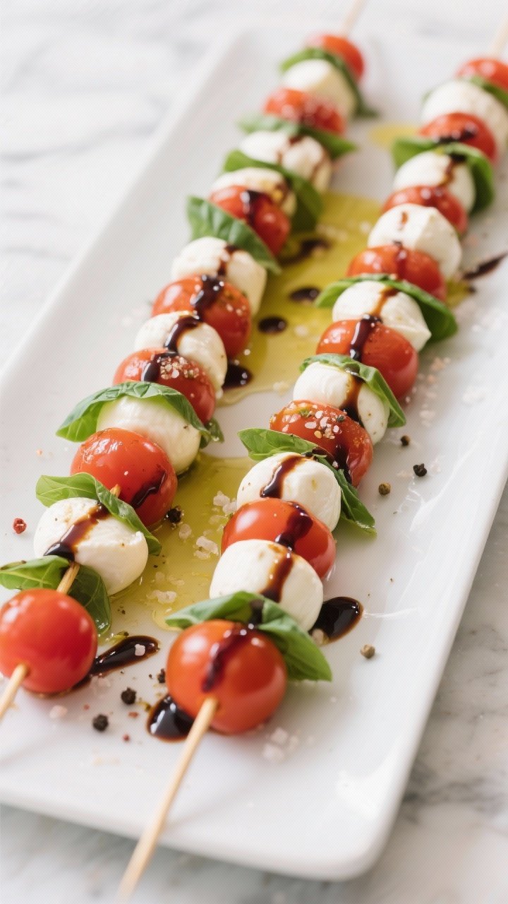 Straight-on shot of caprese skewers arranged in neat rows on a long white platter: cherry tomatoes, mini mozzarella balls (ciliegine), and fresh basil leaves alternating, brushed with olive oil and finished with a dramatic balsamic glaze drizzle; salt and pepper flecks visible, summer-light ambiance on a bright marble surface.