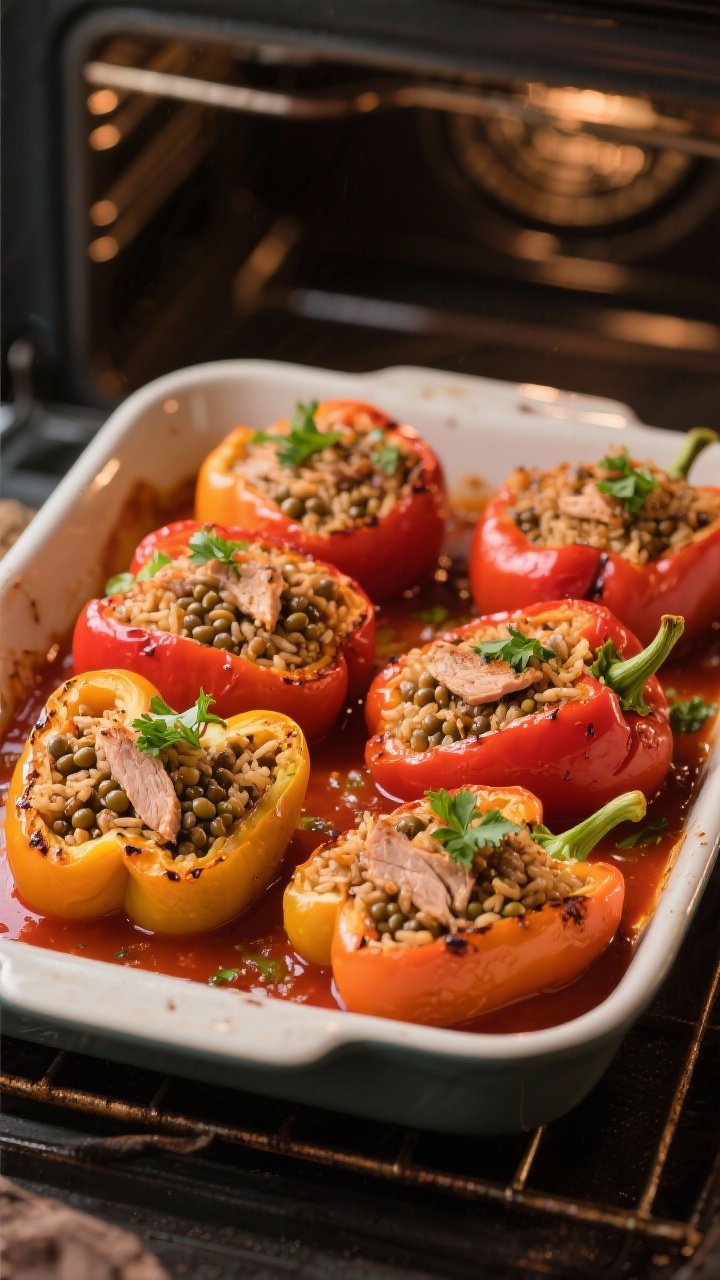 Straight-on shot of six large bell peppers stuffed with spiced turkey, lentils, and brown rice, snug in a baking dish; tops off to reveal the textured filling, tomato sauce pooling at the base, garnished with parsley; warm oven glow, slight char on pepper edges, inviting family-style presentation.