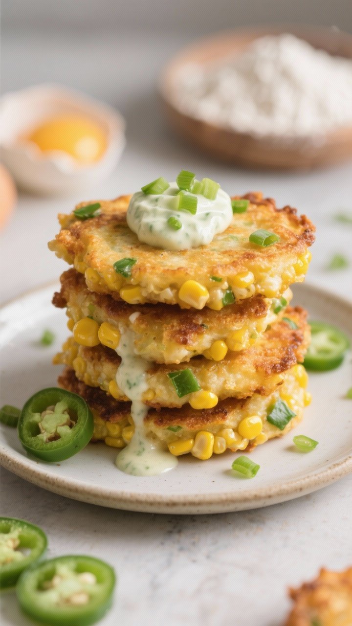 Straight-on stack of sweet corn and jalapeño fritters on a small plate: golden, crisp edges, corn kernels and green jalapeño flecks peeking through; drizzled or dolloped lime crema on top, scallions sprinkled; ingredients like egg, flour, and baking powder hinted in the blurred background.