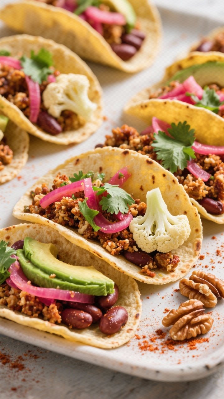 Street-taco spread, overhead: cauliflower-walnut “chorizo” crumbles tucked into warm corn tortillas with pinto beans, pickled red onions, avocado slices, and cilantro; a small head of cauliflower (1 small) and toasted walnuts shown at the edge as styling props, smoky paprika dusting visible, vibrant and bold.