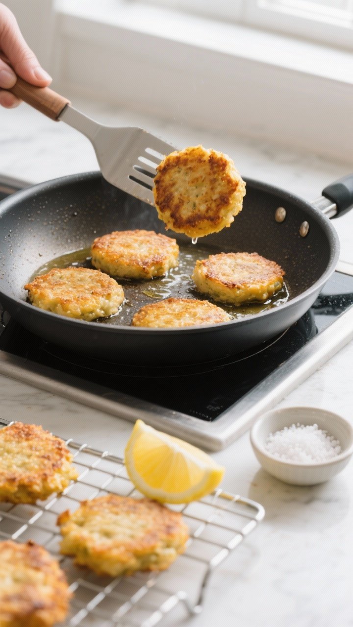 5 inch patties sizzling in a nonstick skillet with a thin layer of oil, mid-flip with a spatula lift