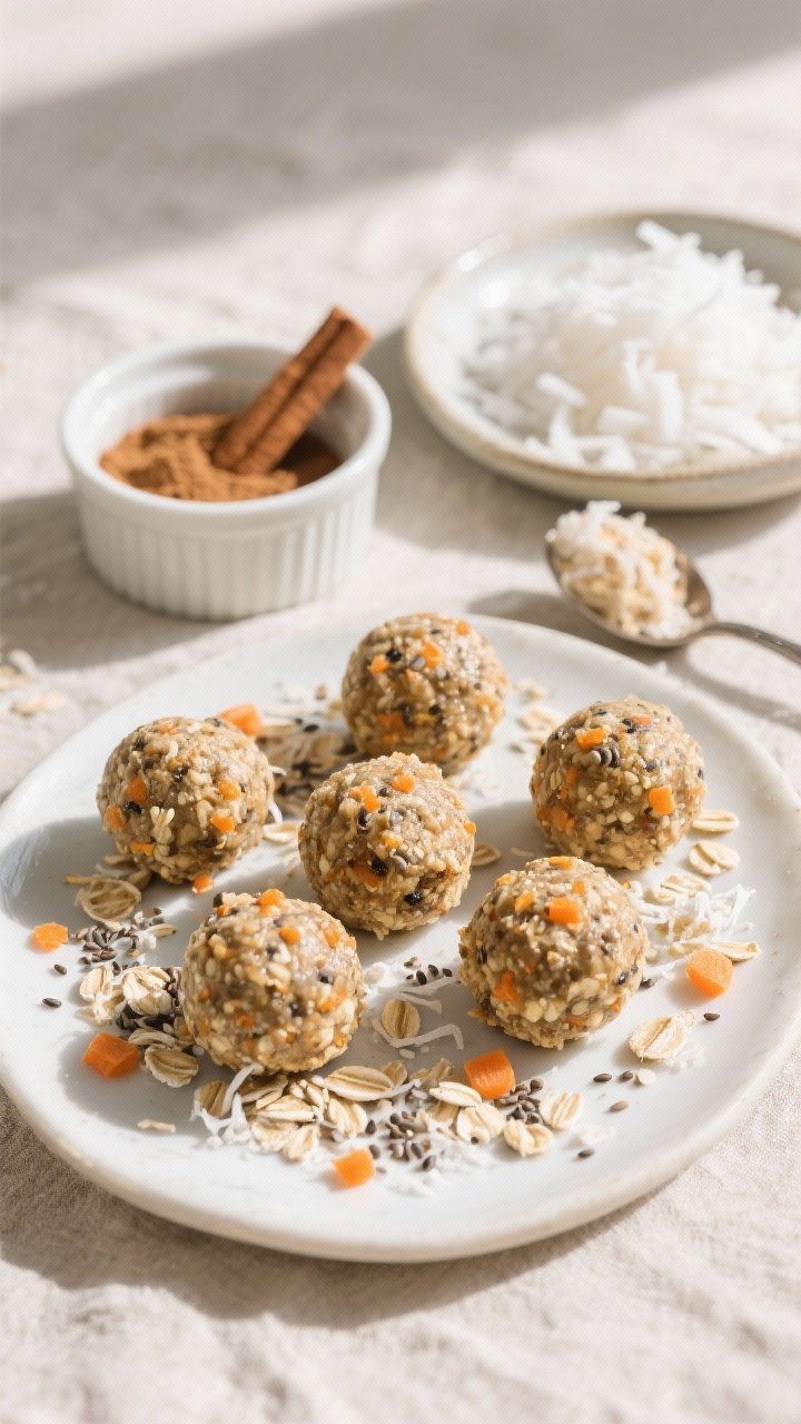 5 tablespoon balls. Visible oats, ground flax, coconut threads, chia seeds, and orange carrot speckl