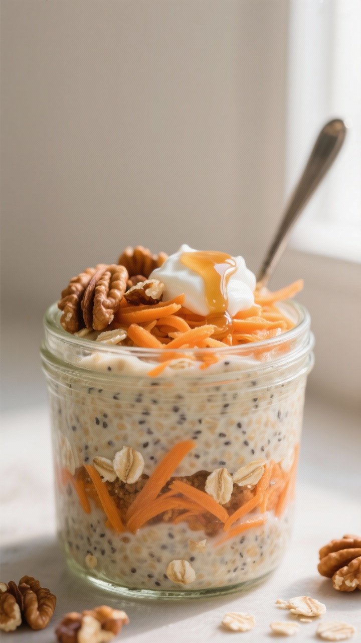 Close-up detail: A chilled jar of carrot cake overnight oats just stirred, showing creamy rolled oat