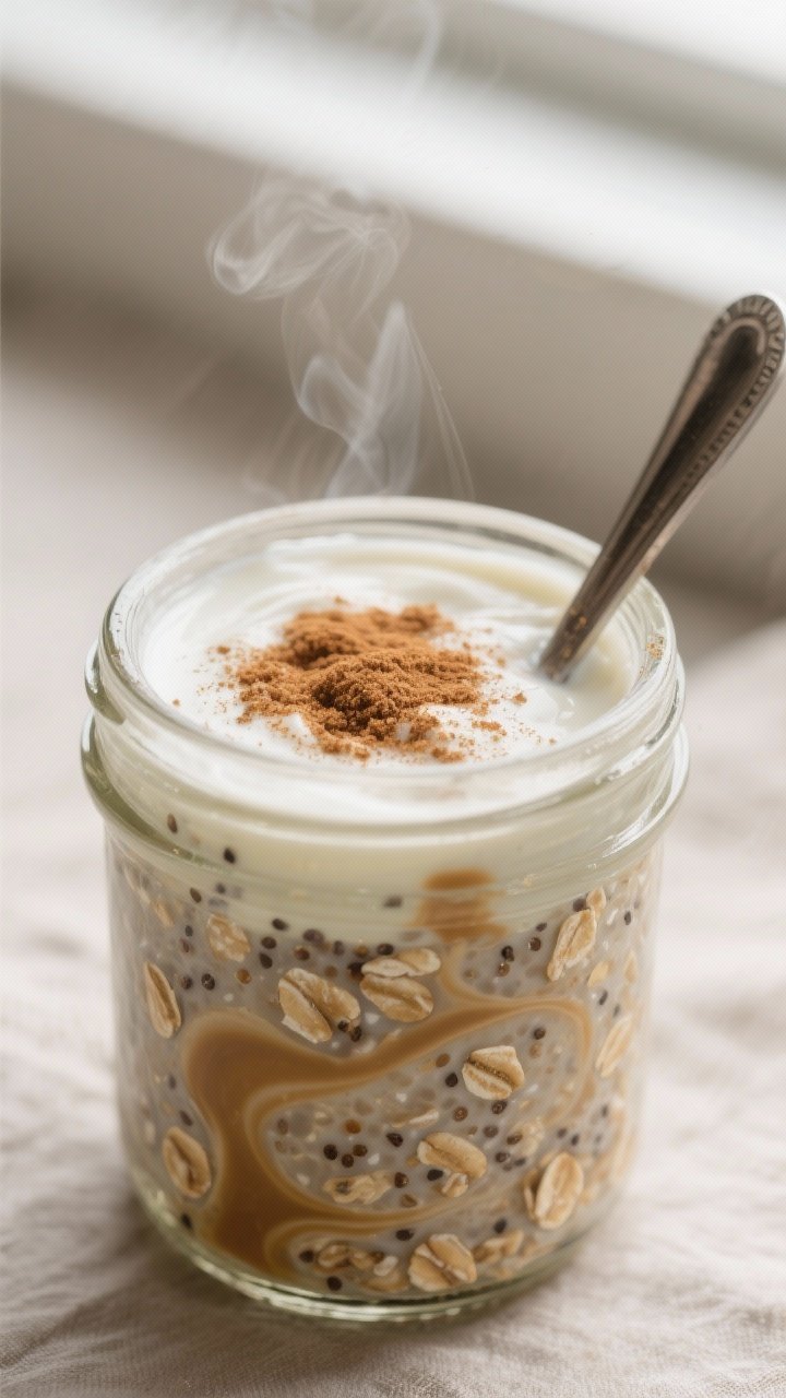Close-up detail: A chilled jar of chai latte overnight oats just stirred, showing creamy Greek-yogur