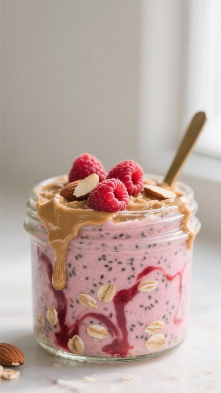 Close-up detail: A chilled jar of raspberry almond butter overnight oats just stirred, showing cream