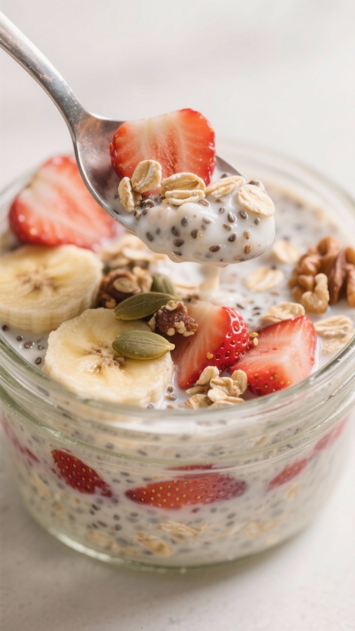 Close-up detail: A chilled jar of strawberry banana overnight oats just after the overnight rest, sp