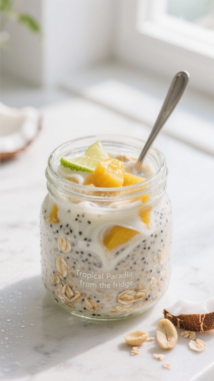 Close-up detail: A chilled jar of Tropical Paradise Overnight Oats just stirred in the morning, show