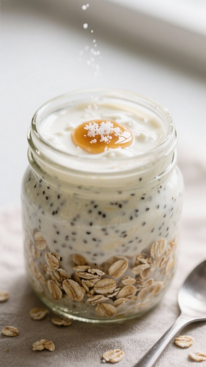 Close-up detail: A chilled mason jar of Cottage Cheese Vanilla Overnight Oats just after stirring, s