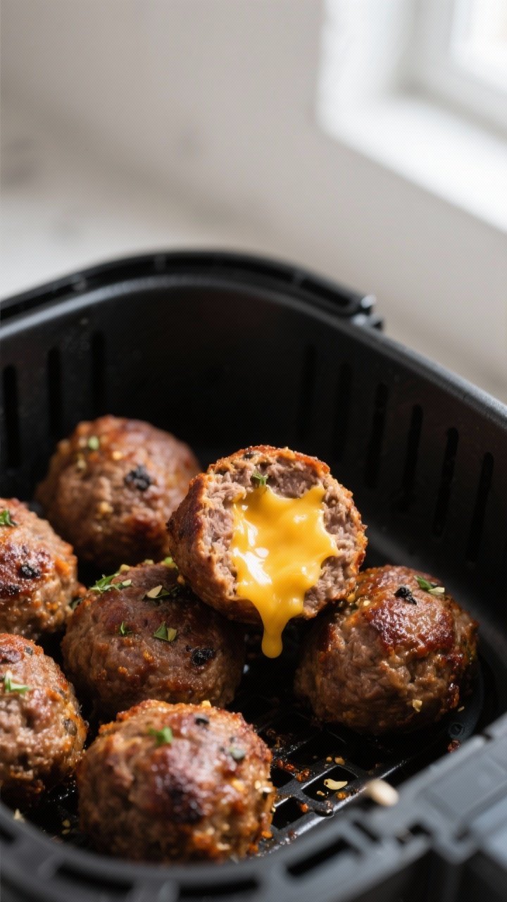 Close-up detail: A cluster of freshly air-fried beef and cheddar stuffed meatballs resting in an ope