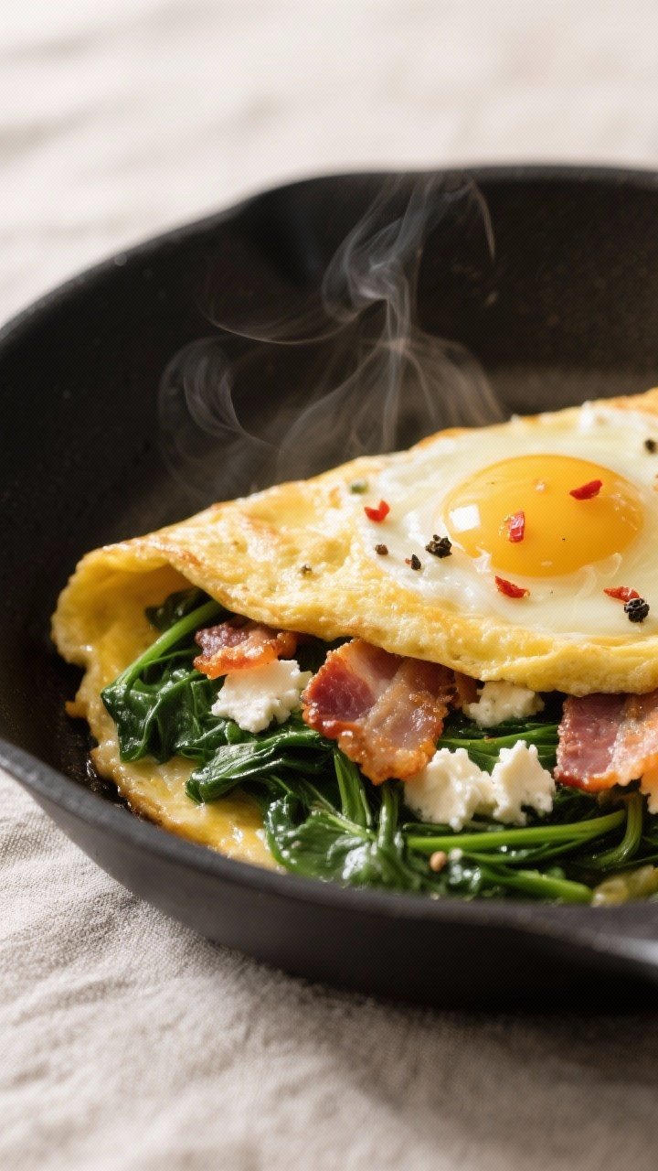 Close-up detail: A folded bacon, spinach, and goat cheese omelette just set in a nonstick skillet, s