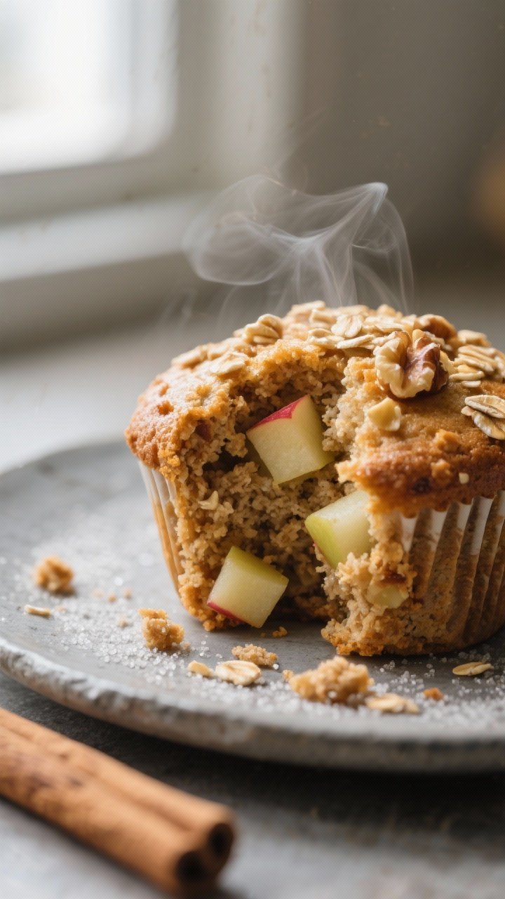 Close-up detail: A freshly baked apple cinnamon bran muffin torn open to reveal moist crumb studded 