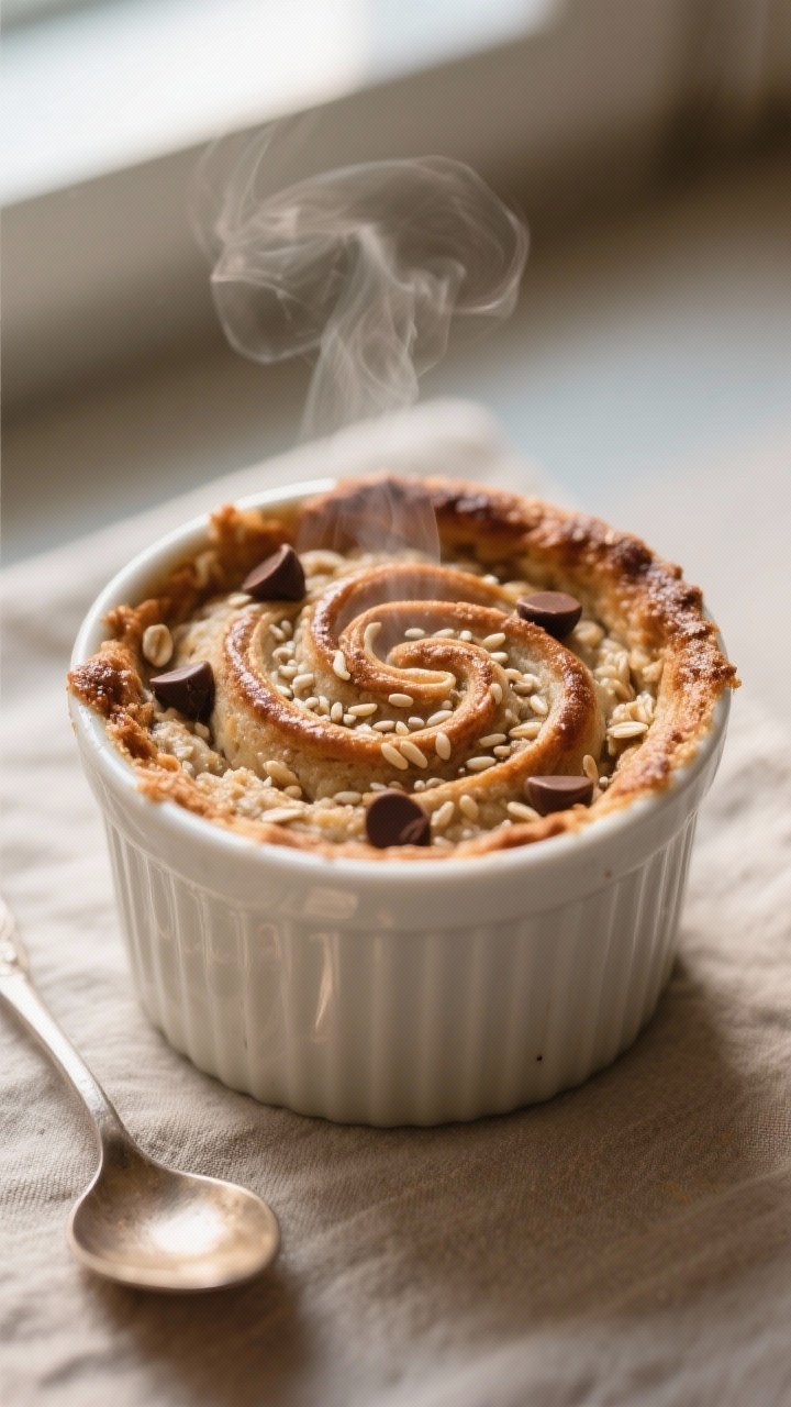 Close-up detail: A freshly baked cinnamon swirl baked oats ramekin just out of the oven, edges light