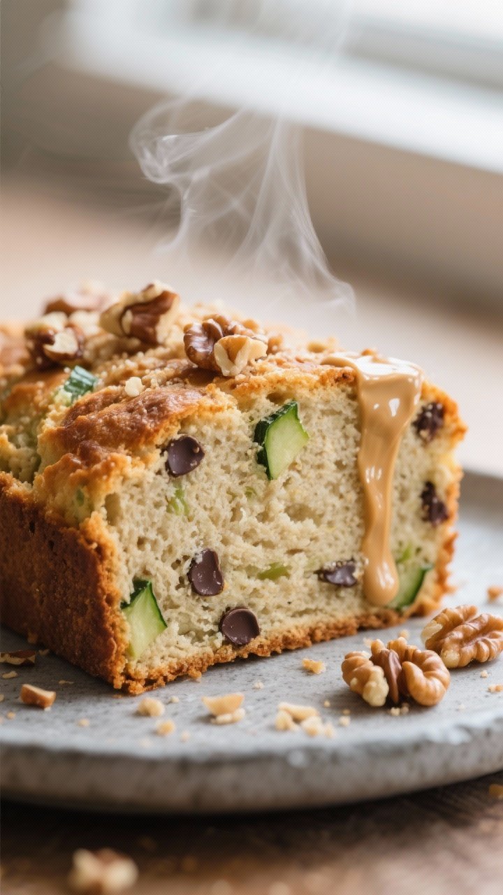Close-up detail: A freshly baked gluten-free zucchini bread slice, toasted to light golden edges, wi