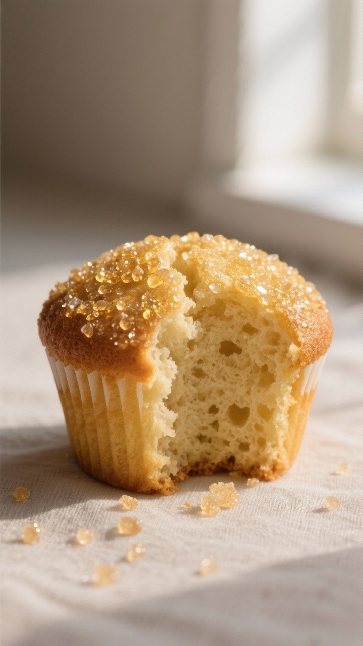 Close-up detail: A freshly baked Golden Sugar Bakery-Style muffin split open to reveal a tender, moi