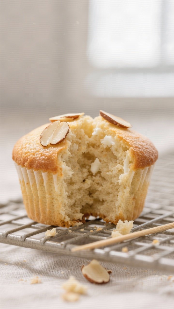 Close-up detail: A freshly baked vanilla almond protein cupcake torn in half to reveal a moist, tend