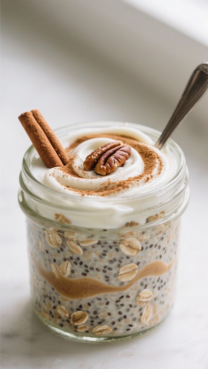 Close-up detail: A glass jar of cinnamon roll overnight oats just after chilling, creamy swirls of G