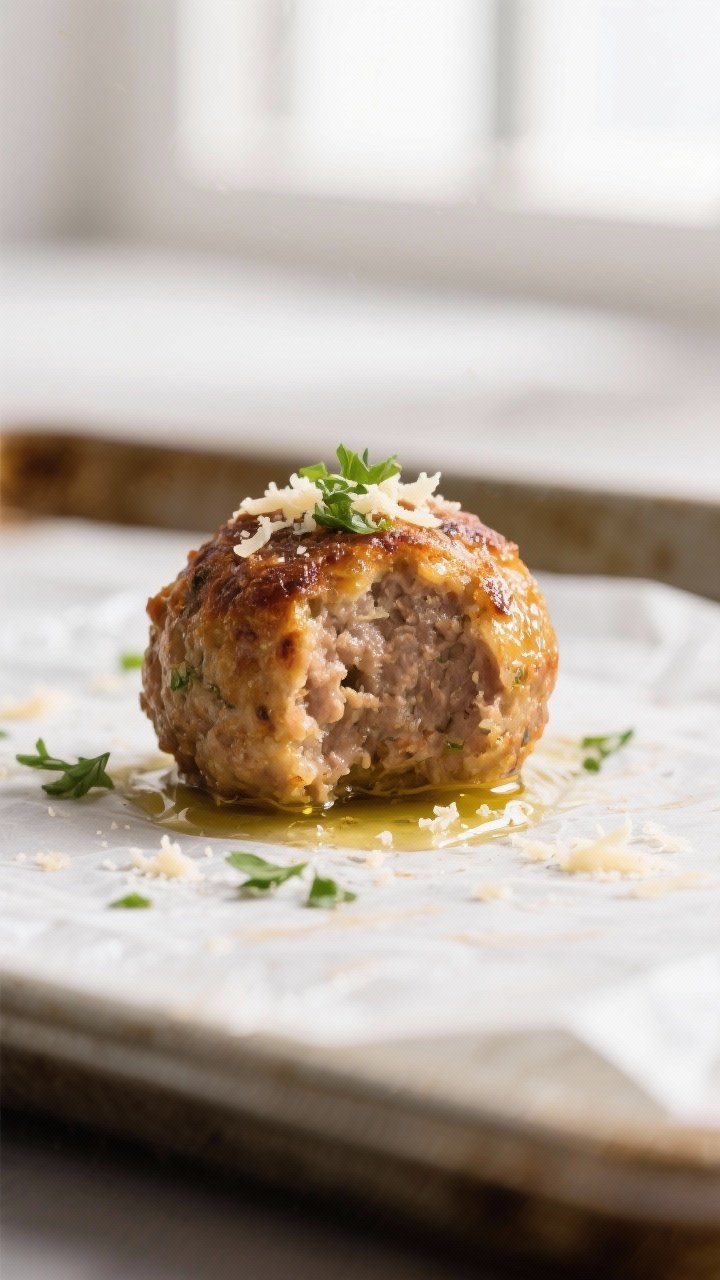 Close-up detail: A golden-browned mini meatball fresh from the oven, glistening with a light olive o