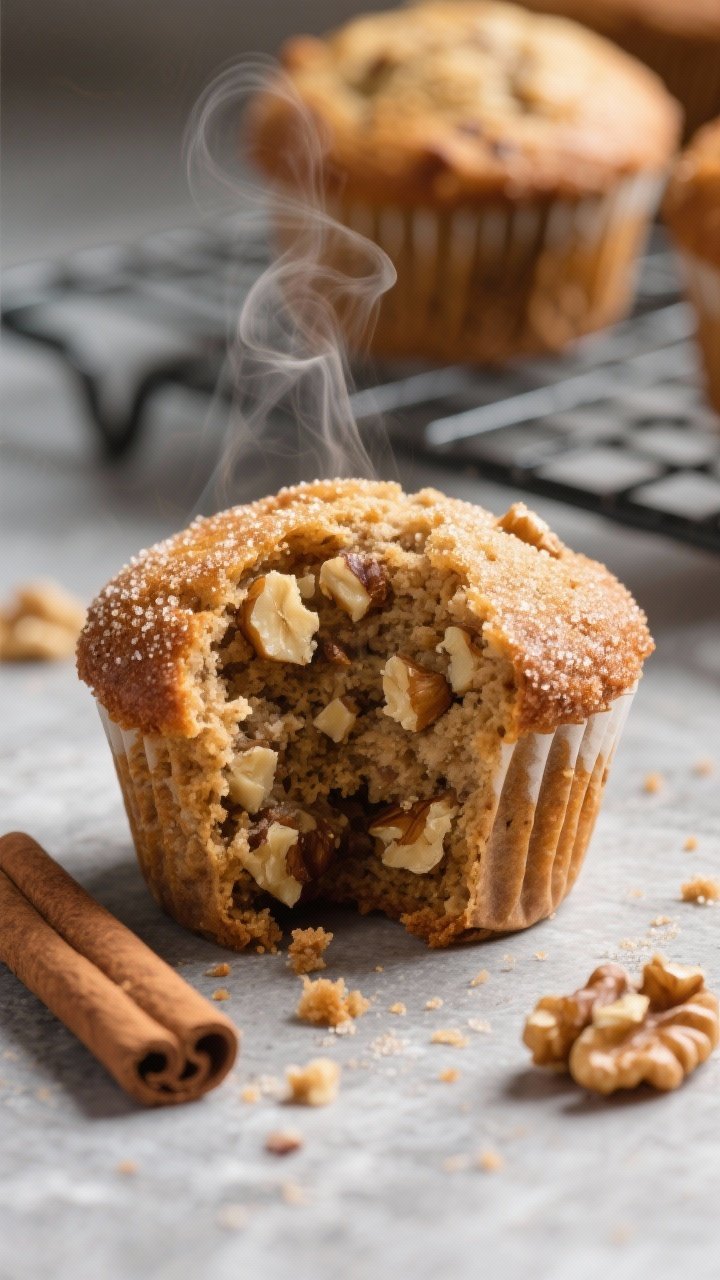Close-up detail: A just-baked banana bran muffin torn open to reveal a moist, tender crumb studded w